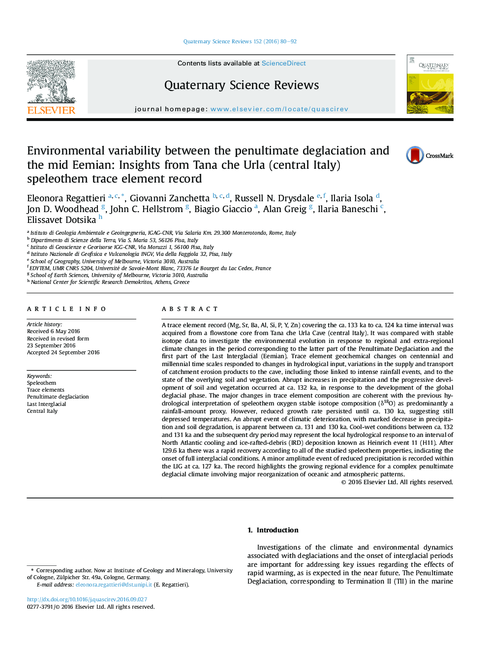 Environmental variability between the penultimate deglaciation and the mid Eemian: Insights from Tana che Urla (central Italy) speleothem trace element record