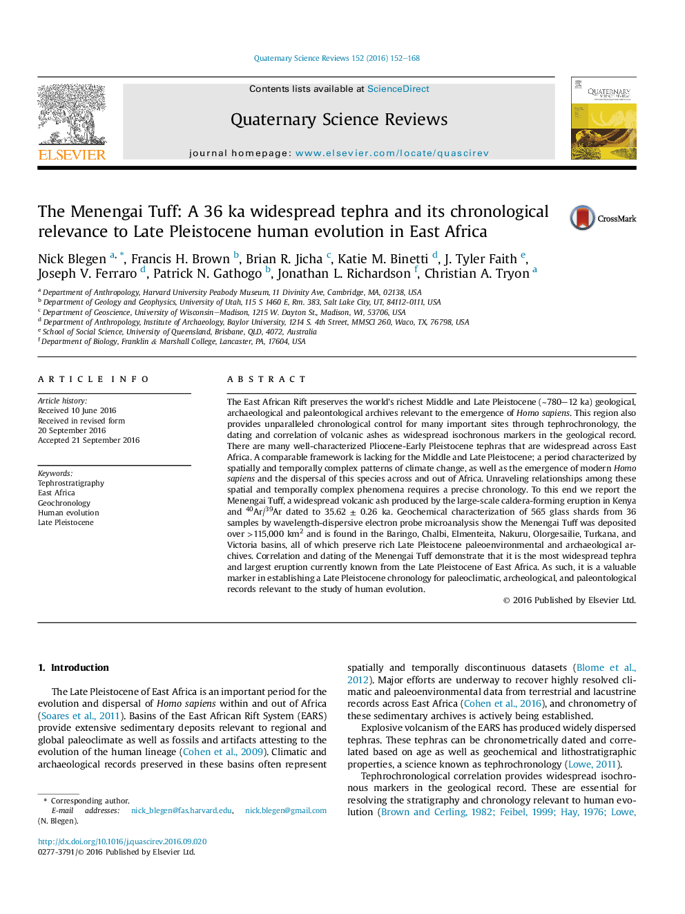 The Menengai Tuff: A 36 ka widespread tephra and its chronological relevance to Late Pleistocene human evolution in East Africa