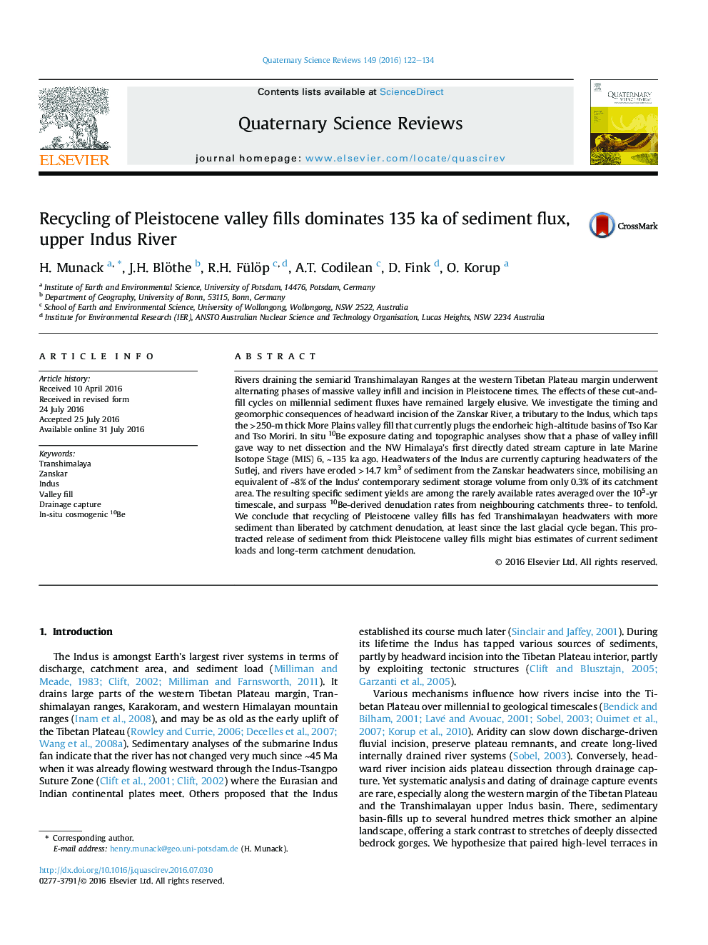 Recycling of Pleistocene valley fills dominates 135Â ka of sediment flux, upper Indus River