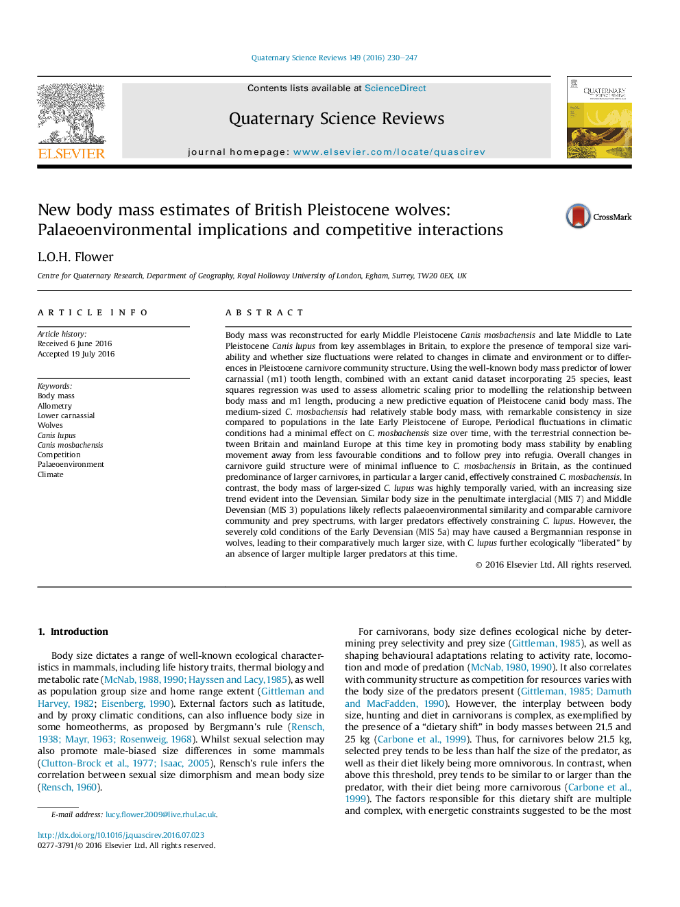 New body mass estimates of British Pleistocene wolves: Palaeoenvironmental implications and competitive interactions