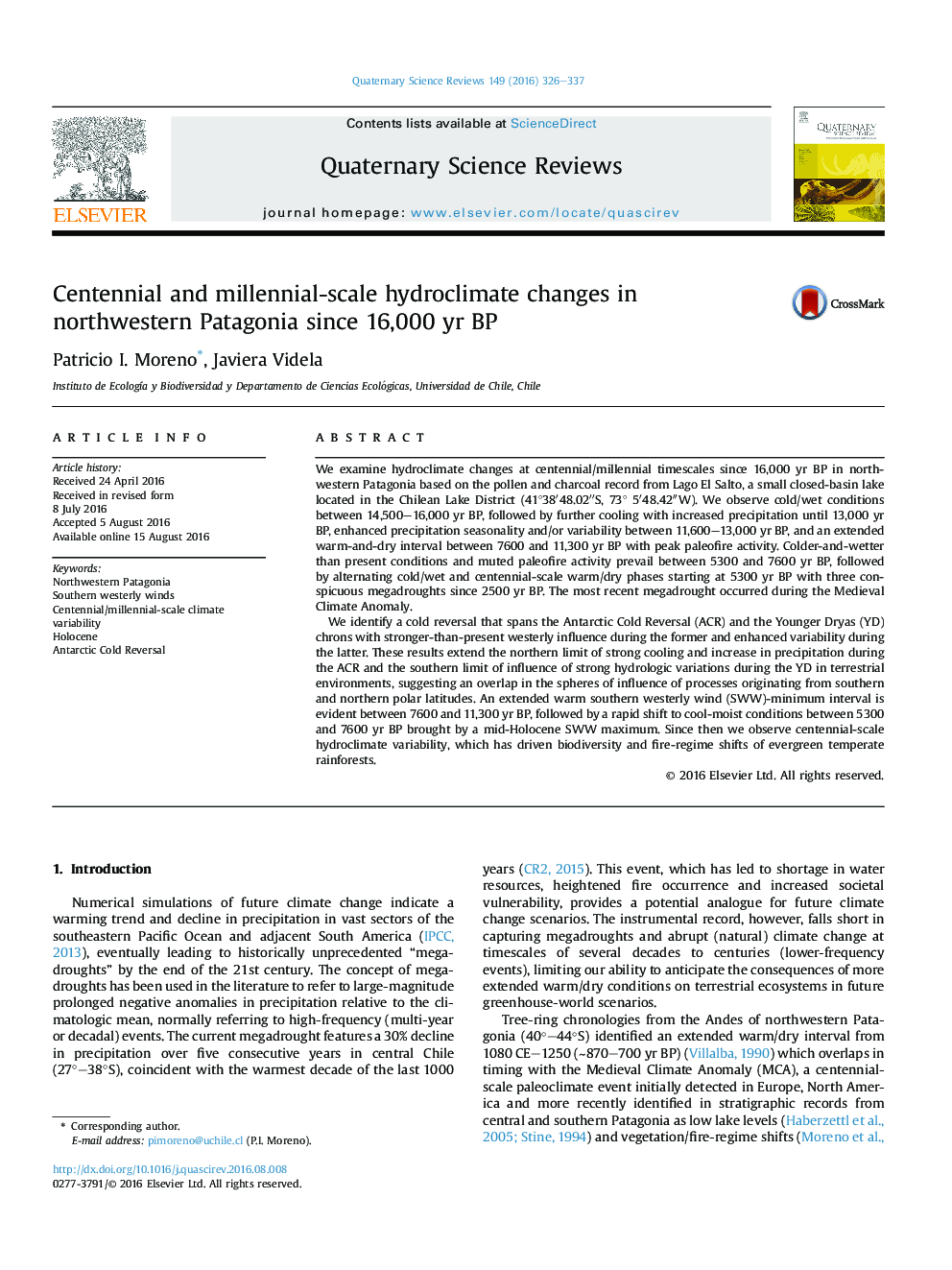 Centennial and millennial-scale hydroclimate changes in northwestern Patagonia since 16,000Â yr BP