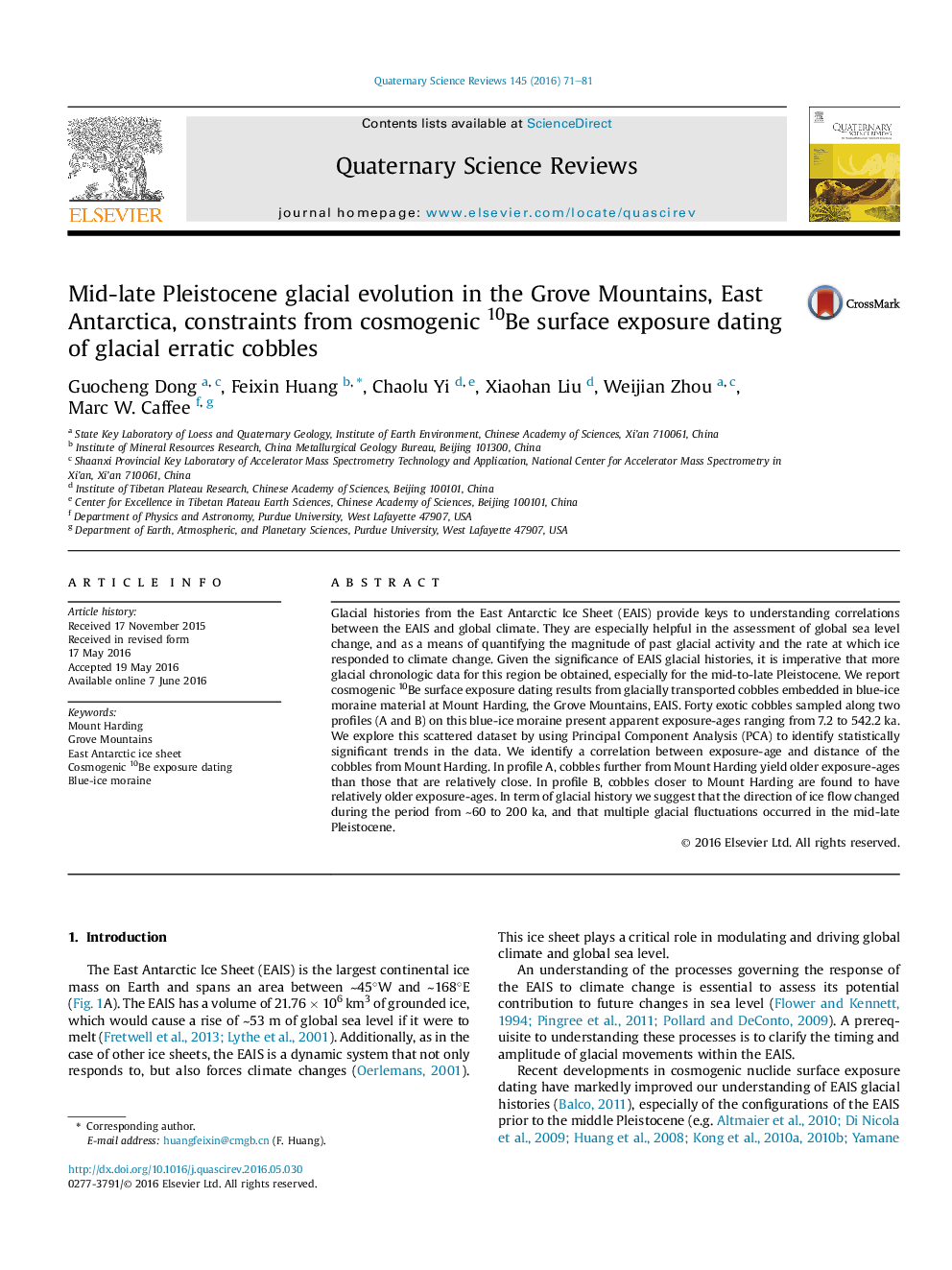 Mid-late Pleistocene glacial evolution in the Grove Mountains, East Antarctica, constraints from cosmogenic 10Be surface exposure dating of glacial erratic cobbles