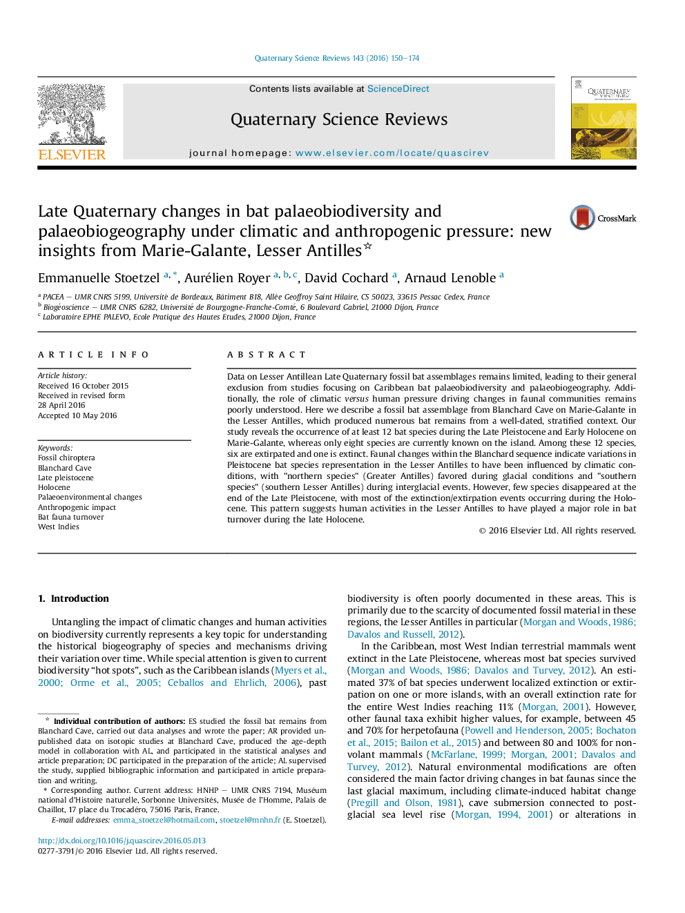 Late Quaternary changes in bat palaeobiodiversity and palaeobiogeography under climatic and anthropogenic pressure: new insights from Marie-Galante, Lesser Antilles