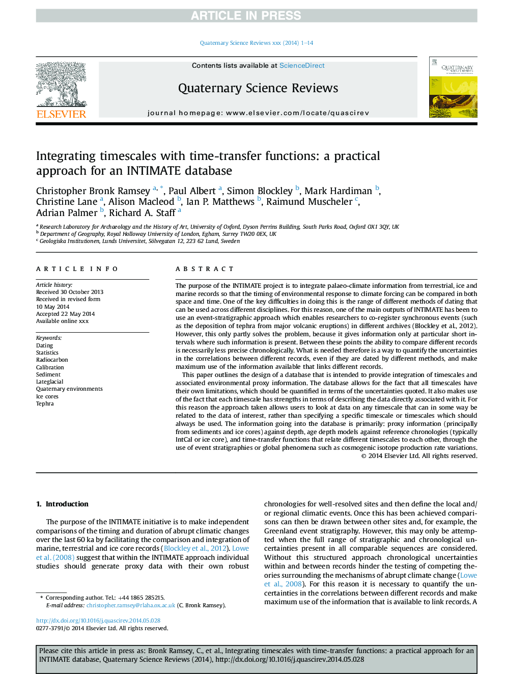 Integrating timescales with time-transfer functions: a practical approach for an INTIMATE database