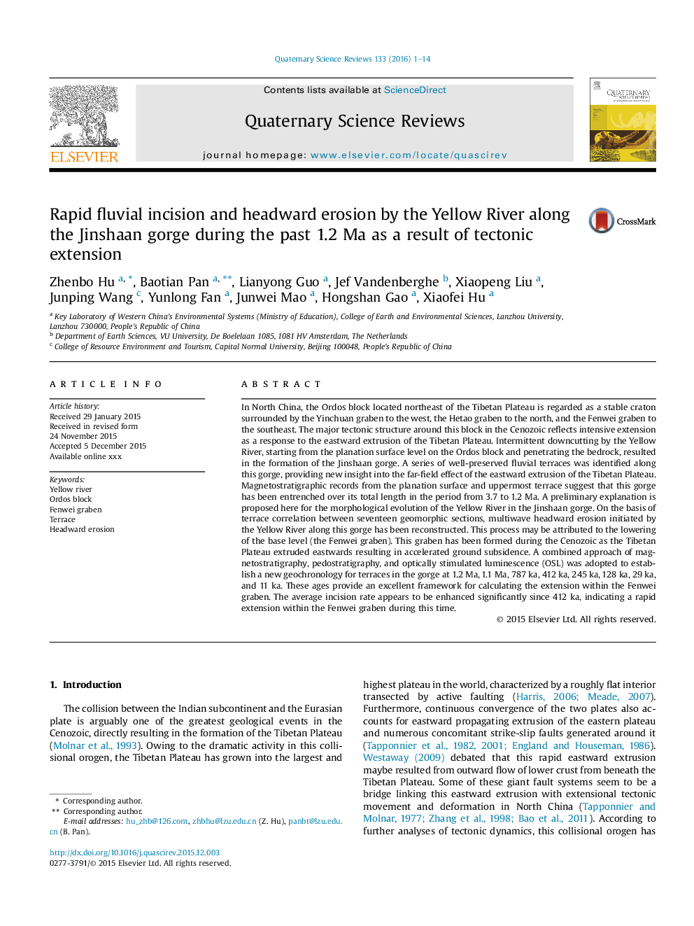 Rapid fluvial incision and headward erosion by the Yellow River along the Jinshaan gorge during the past 1.2 Ma as a result of tectonic extension