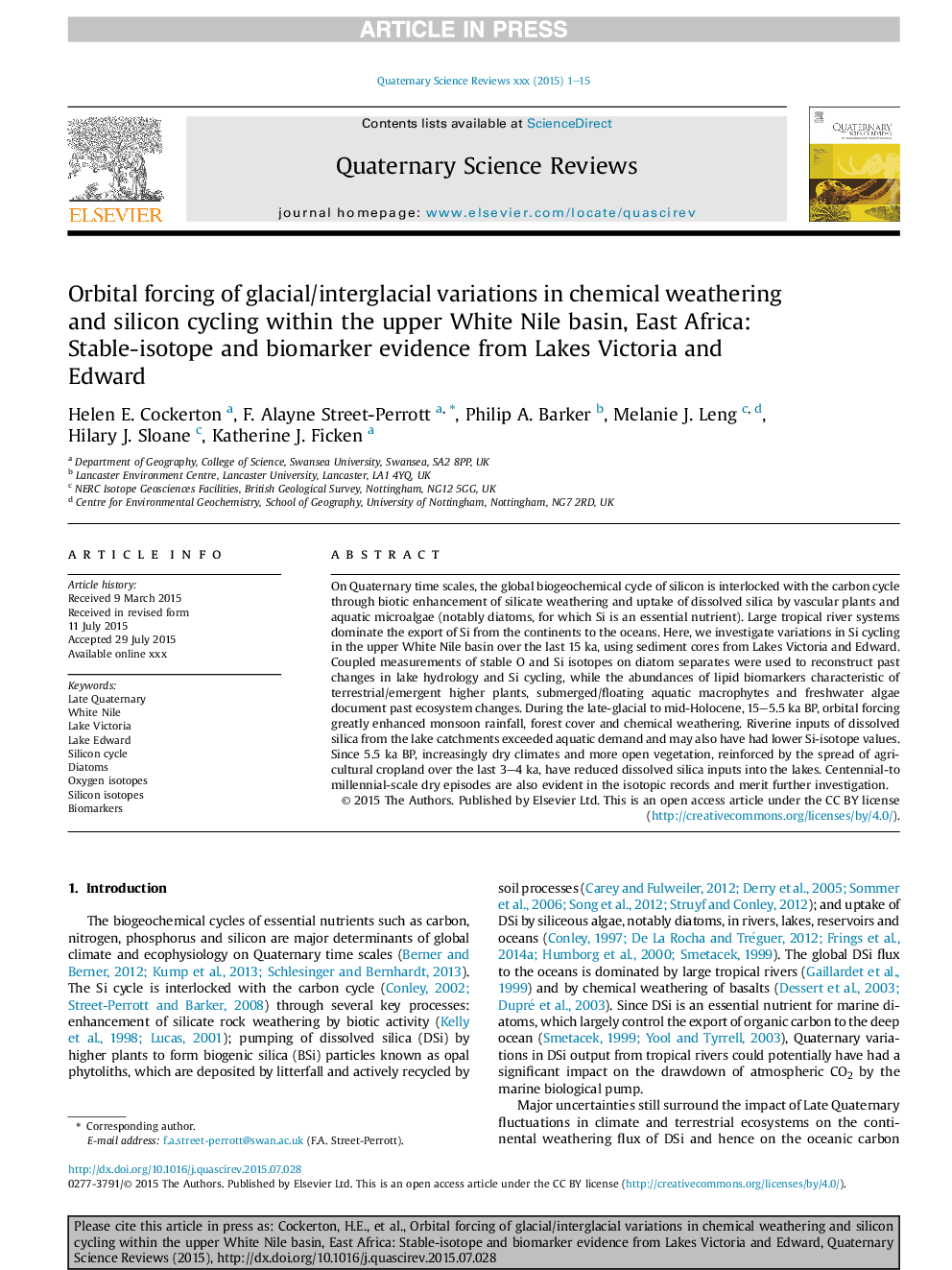 Orbital forcing of glacial/interglacial variations in chemical weathering and silicon cycling within the upper White Nile basin, East Africa: Stable-isotope and biomarker evidence from Lakes Victoria and Edward