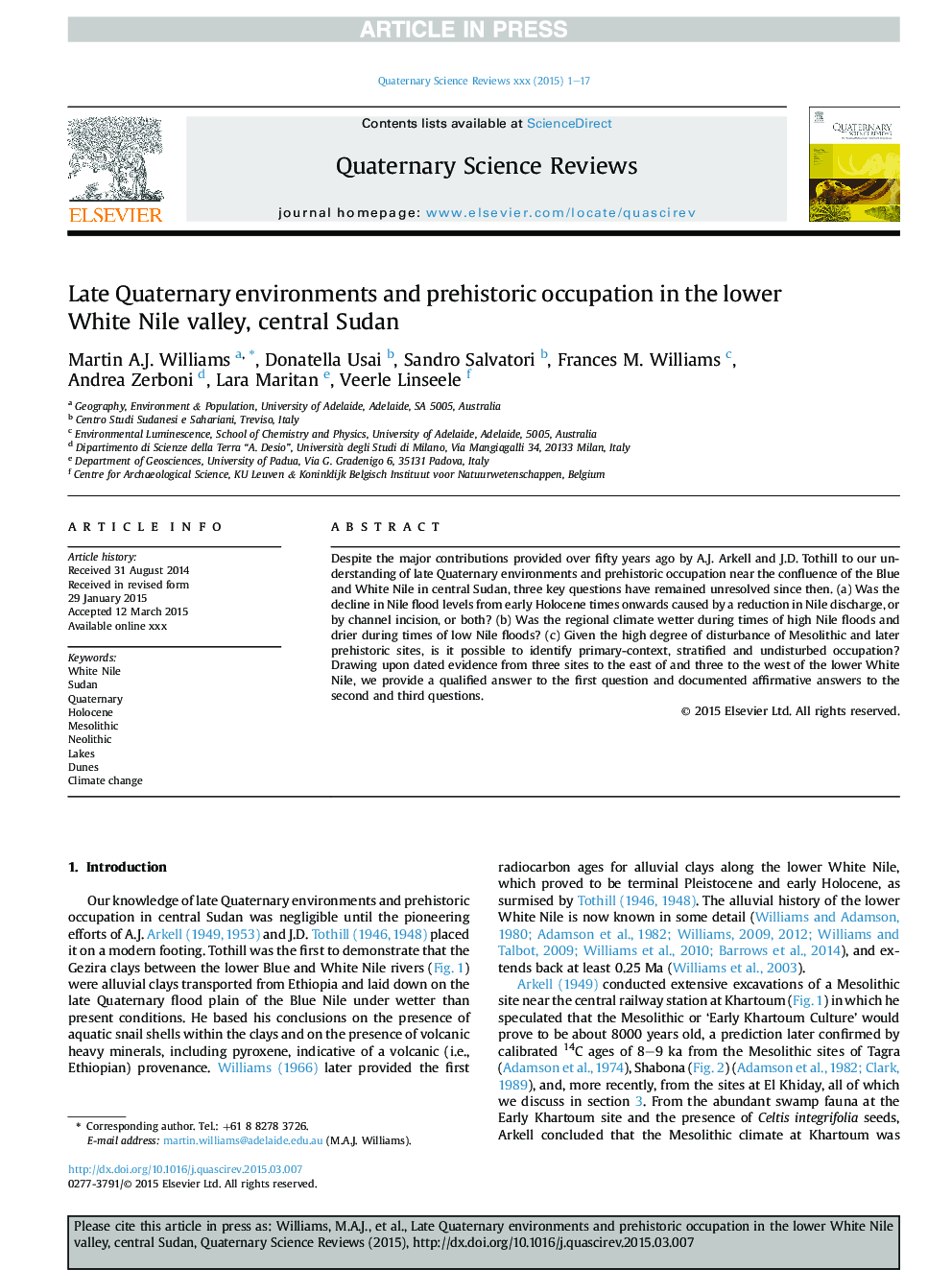 Late Quaternary environments and prehistoric occupation in the lower White Nile valley, central Sudan