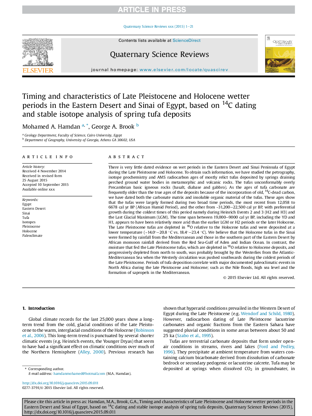 Timing and characteristics of Late Pleistocene and Holocene wetter periods in the Eastern Desert and Sinai of Egypt, based on 14C dating and stable isotope analysis of spring tufa deposits