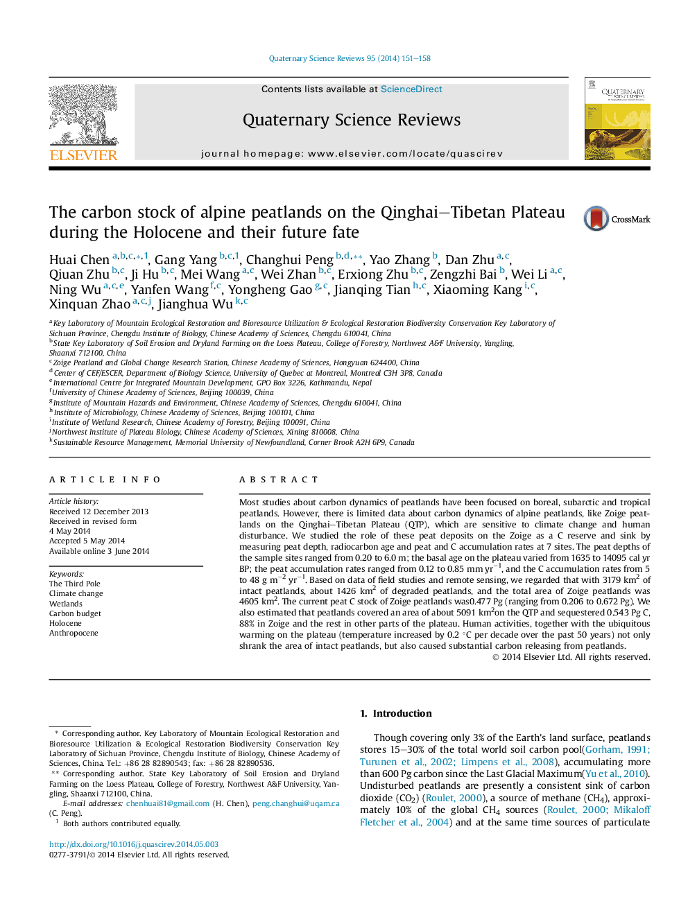 The carbon stock of alpine peatlands on the Qinghai-Tibetan Plateau during the Holocene and their future fate