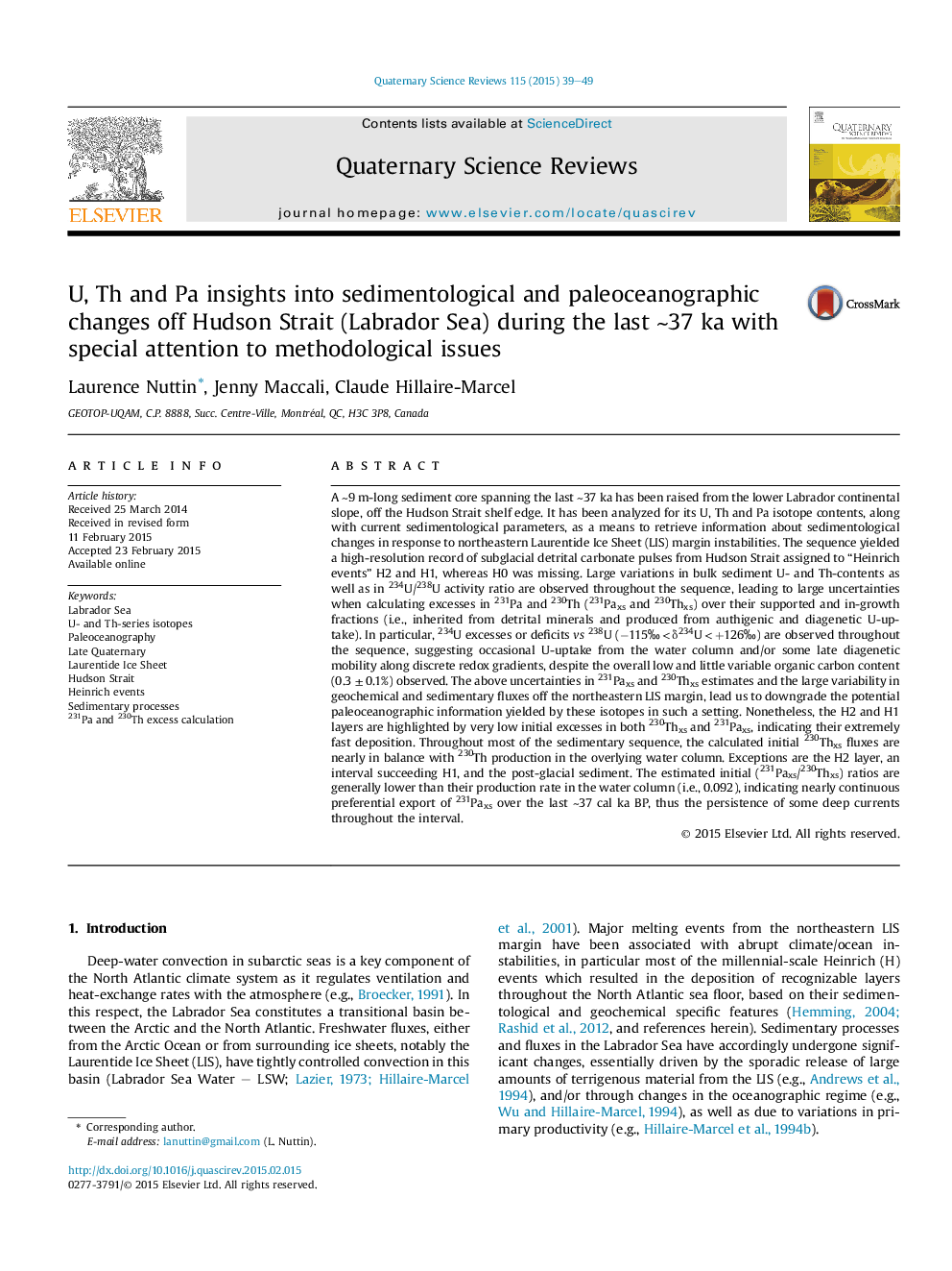 U, Th and Pa insights into sedimentological and paleoceanographic changes off Hudson Strait (Labrador Sea) during the last â¼37Â ka with special attention to methodological issues