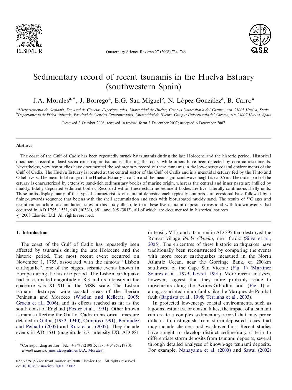 Sedimentary record of recent tsunamis in the Huelva Estuary (southwestern Spain)