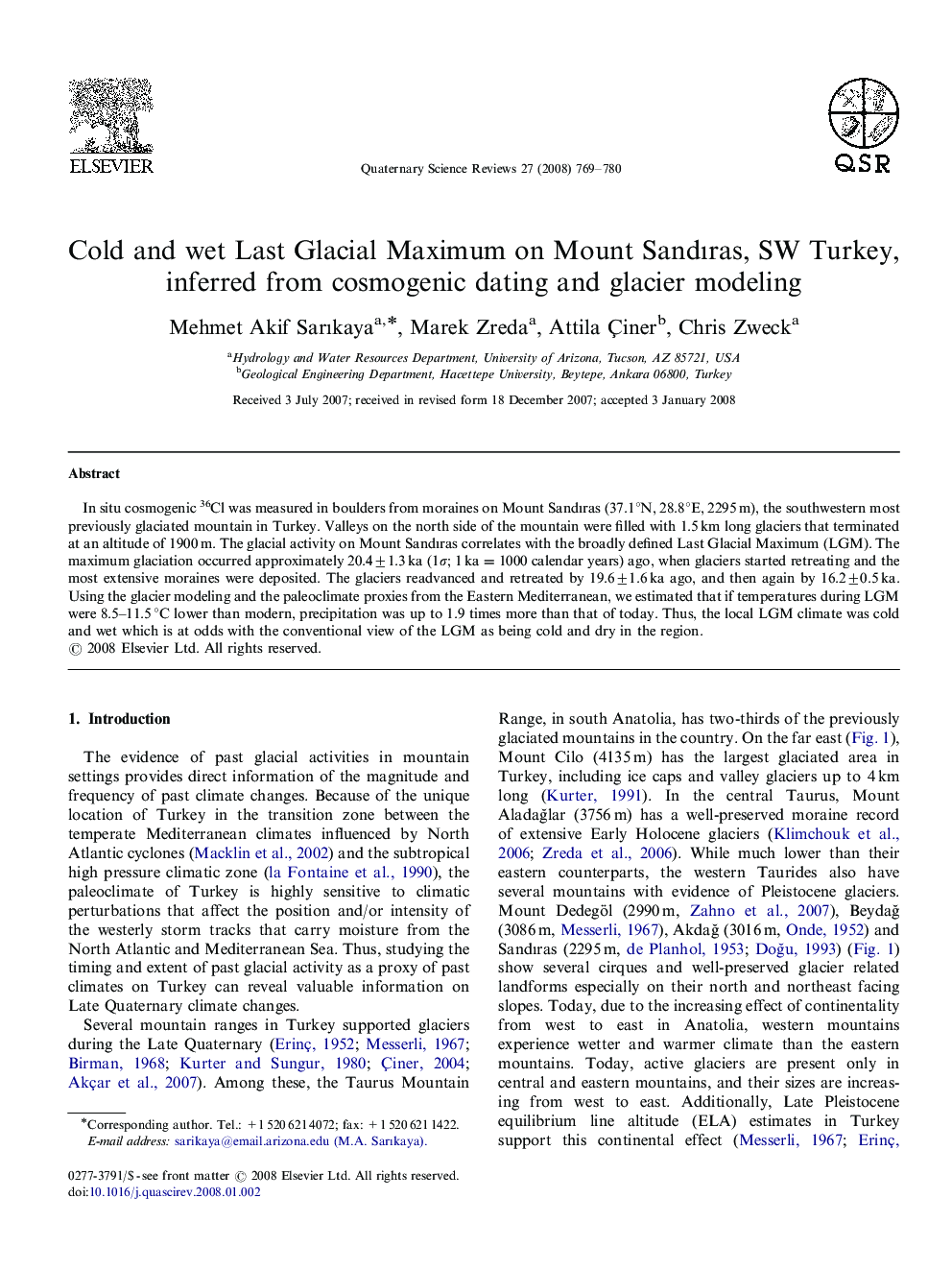 Cold and wet Last Glacial Maximum on Mount SandÄ±ras, SW Turkey, inferred from cosmogenic dating and glacier modeling