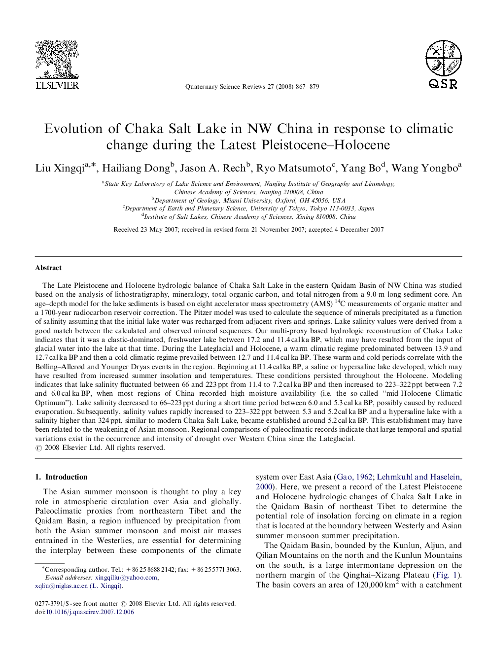 Evolution of Chaka Salt Lake in NW China in response to climatic change during the Latest Pleistocene-Holocene