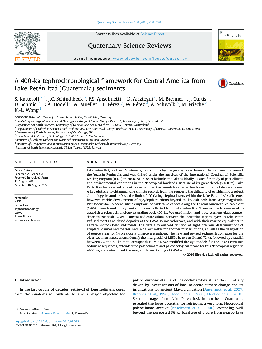 A 400-ka tephrochronological framework for Central America from Lake Petén Itzá (Guatemala) sediments