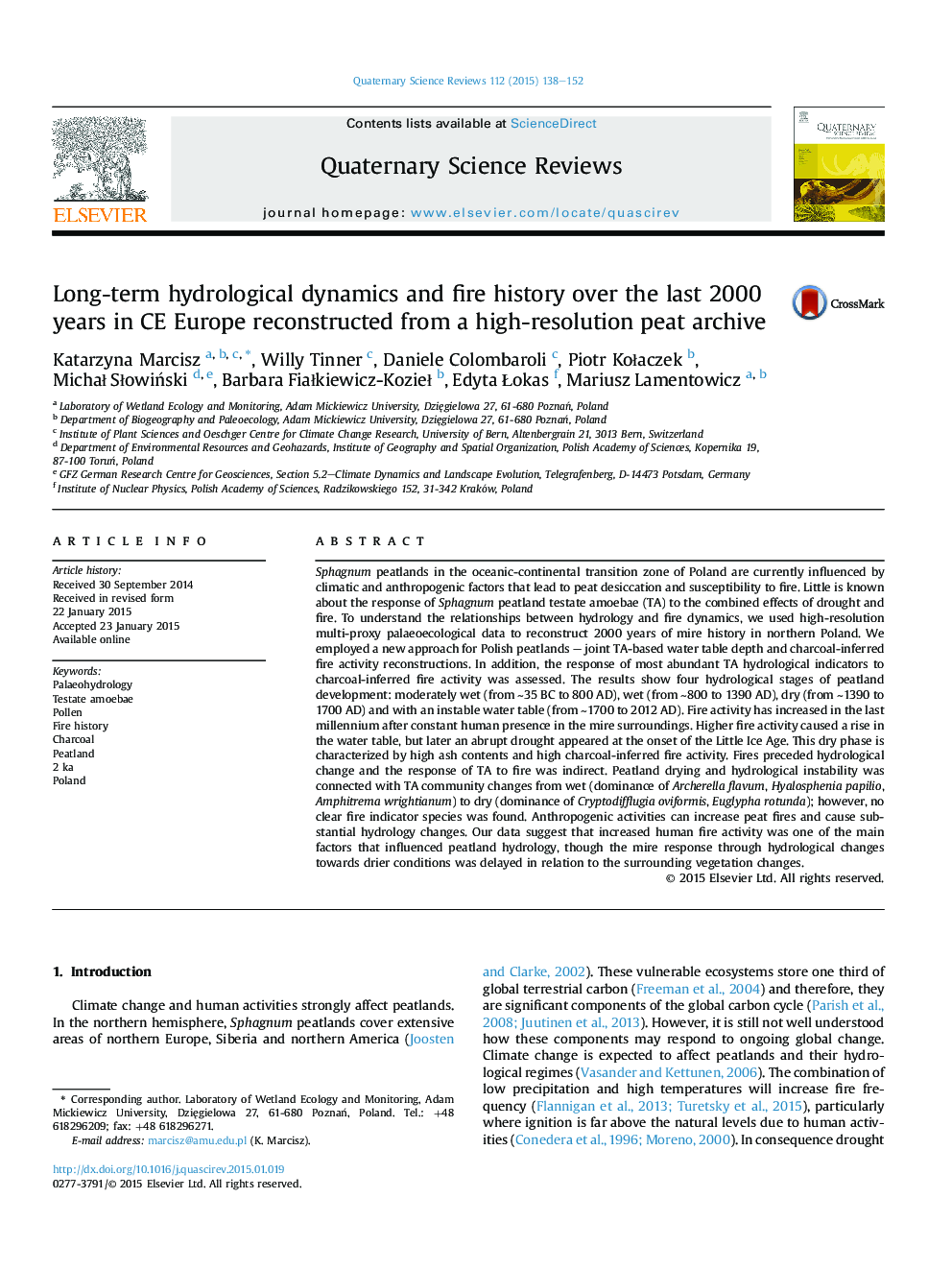 Long-term hydrological dynamics and fire history over the last 2000 years in CE Europe reconstructed from a high-resolution peat archive