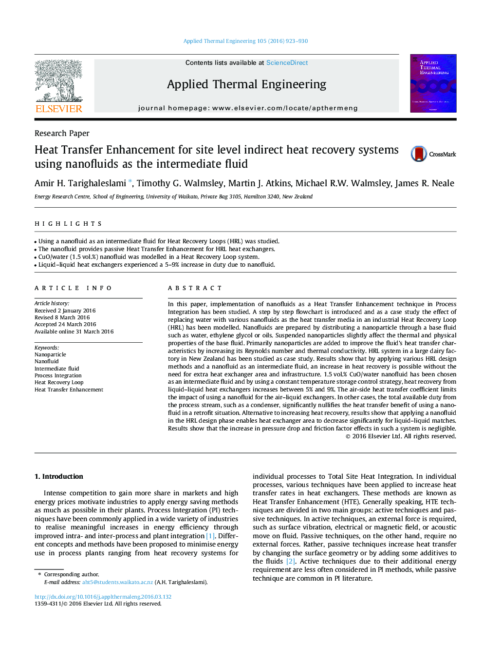 Heat Transfer Enhancement for site level indirect heat recovery systems using nanofluids as the intermediate fluid