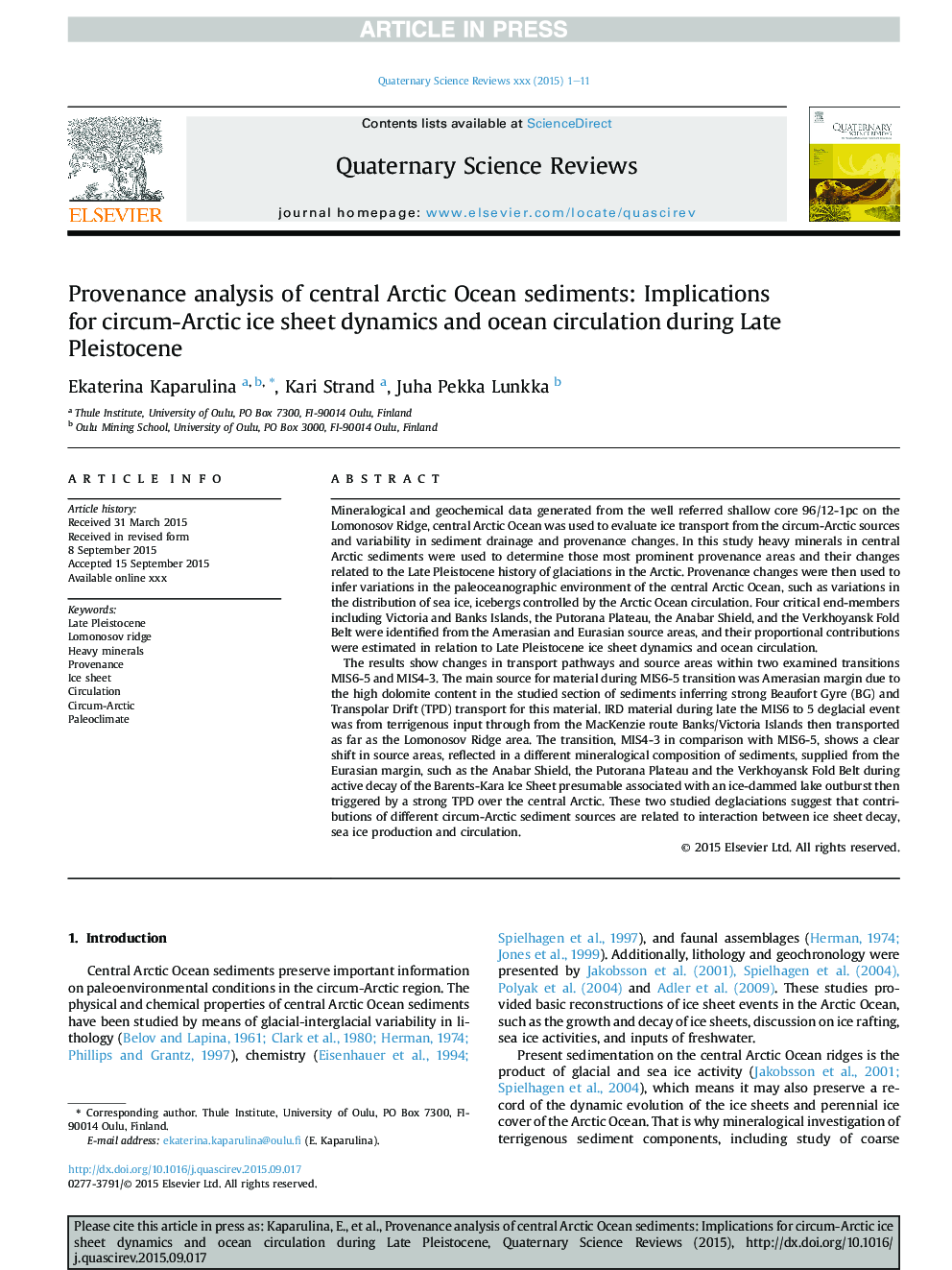 Provenance analysis of central Arctic Ocean sediments: Implications for circum-Arctic ice sheet dynamics and ocean circulation during Late Pleistocene