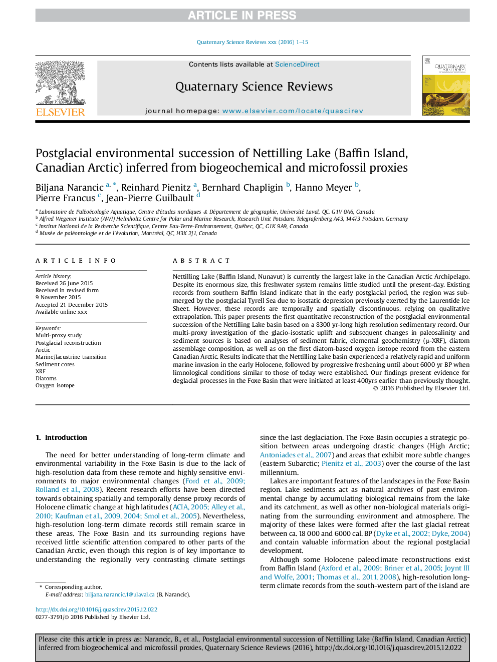 Postglacial environmental succession of Nettilling Lake (Baffin Island, Canadian Arctic) inferred from biogeochemical and microfossil proxies