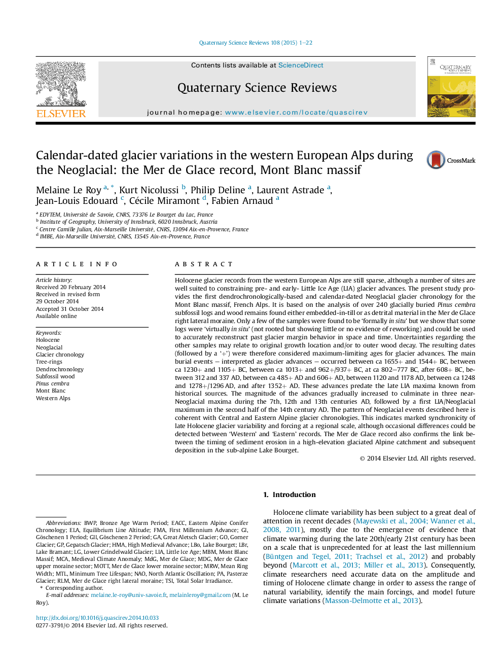 Calendar-dated glacier variations in the western European Alps during the Neoglacial: the Mer de Glace record, Mont Blanc massif