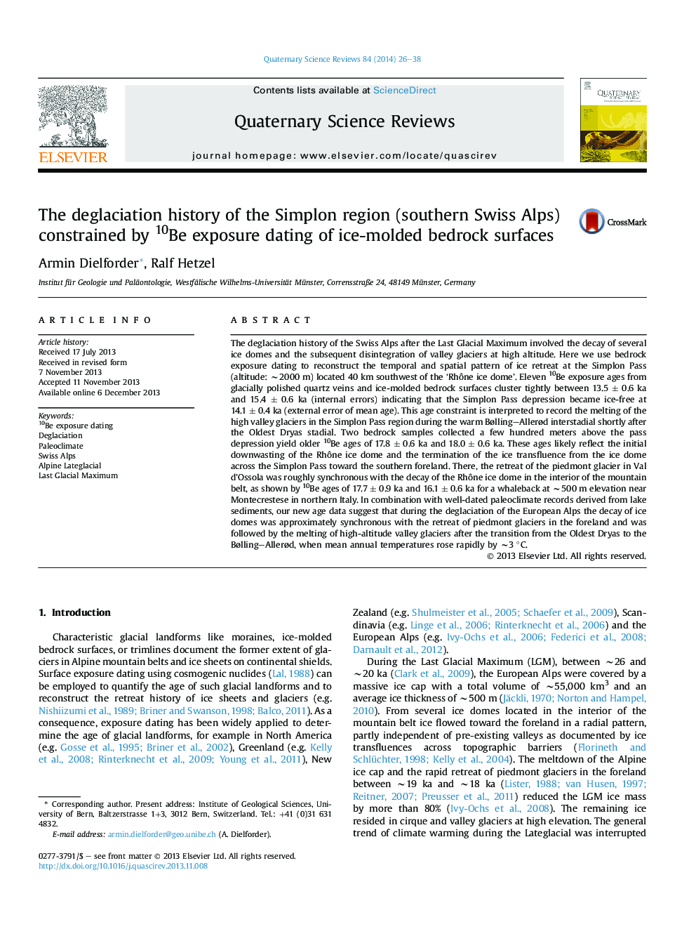 The deglaciation history of the Simplon region (southern Swiss Alps) constrained by 10Be exposure dating of ice-molded bedrock surfaces