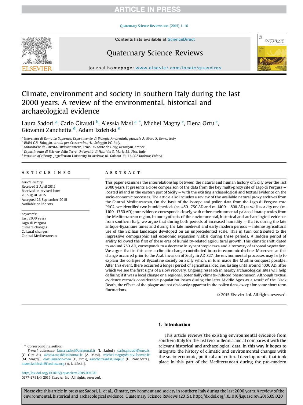 Climate, environment and society in southern Italy during the last 2000 years. A review of the environmental, historical and archaeological evidence