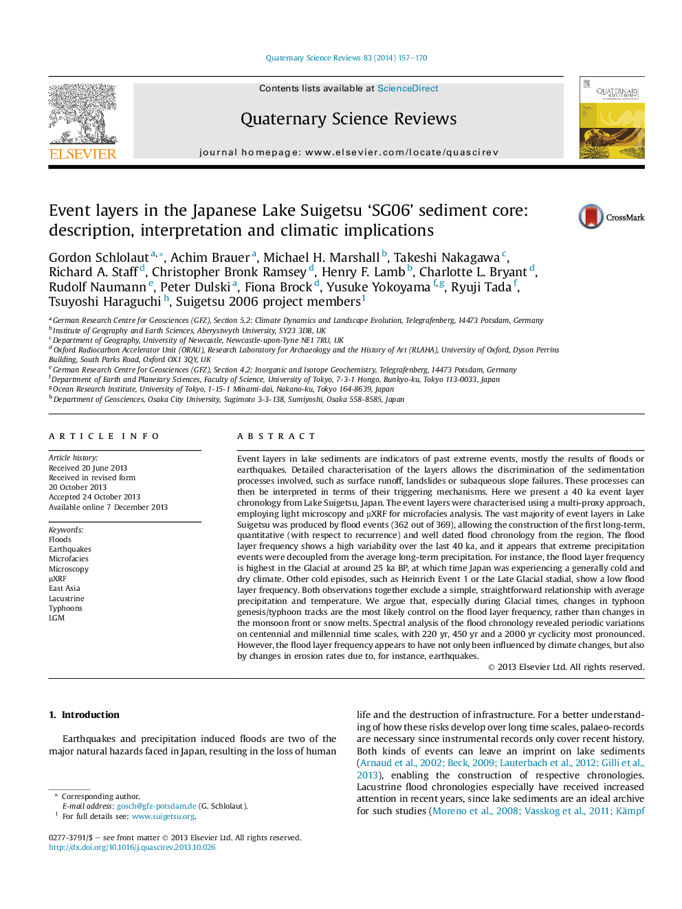 Event layers in the Japanese Lake Suigetsu 'SG06' sediment core: description, interpretation and climatic implications