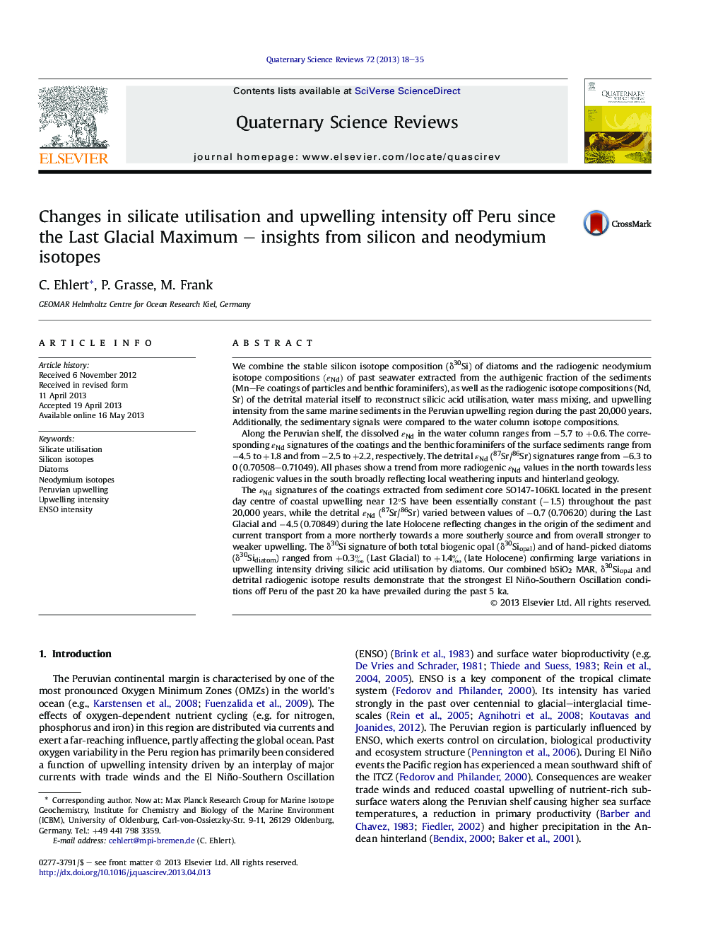 Changes in silicate utilisation and upwelling intensity off Peru since the Last Glacial Maximum - insights from silicon and neodymium isotopes