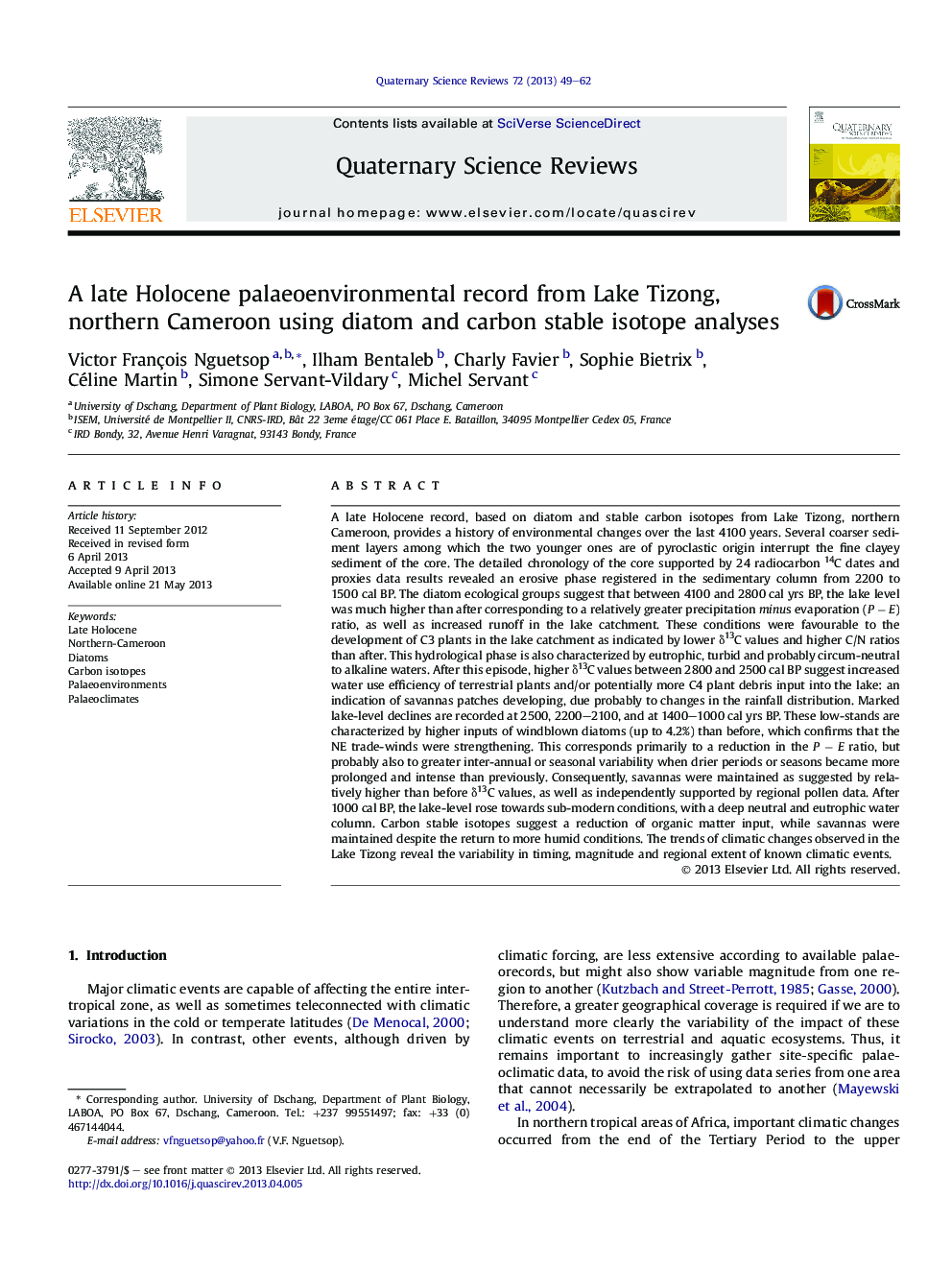 A late Holocene palaeoenvironmental record from Lake Tizong, northern Cameroon using diatom and carbon stable isotope analyses