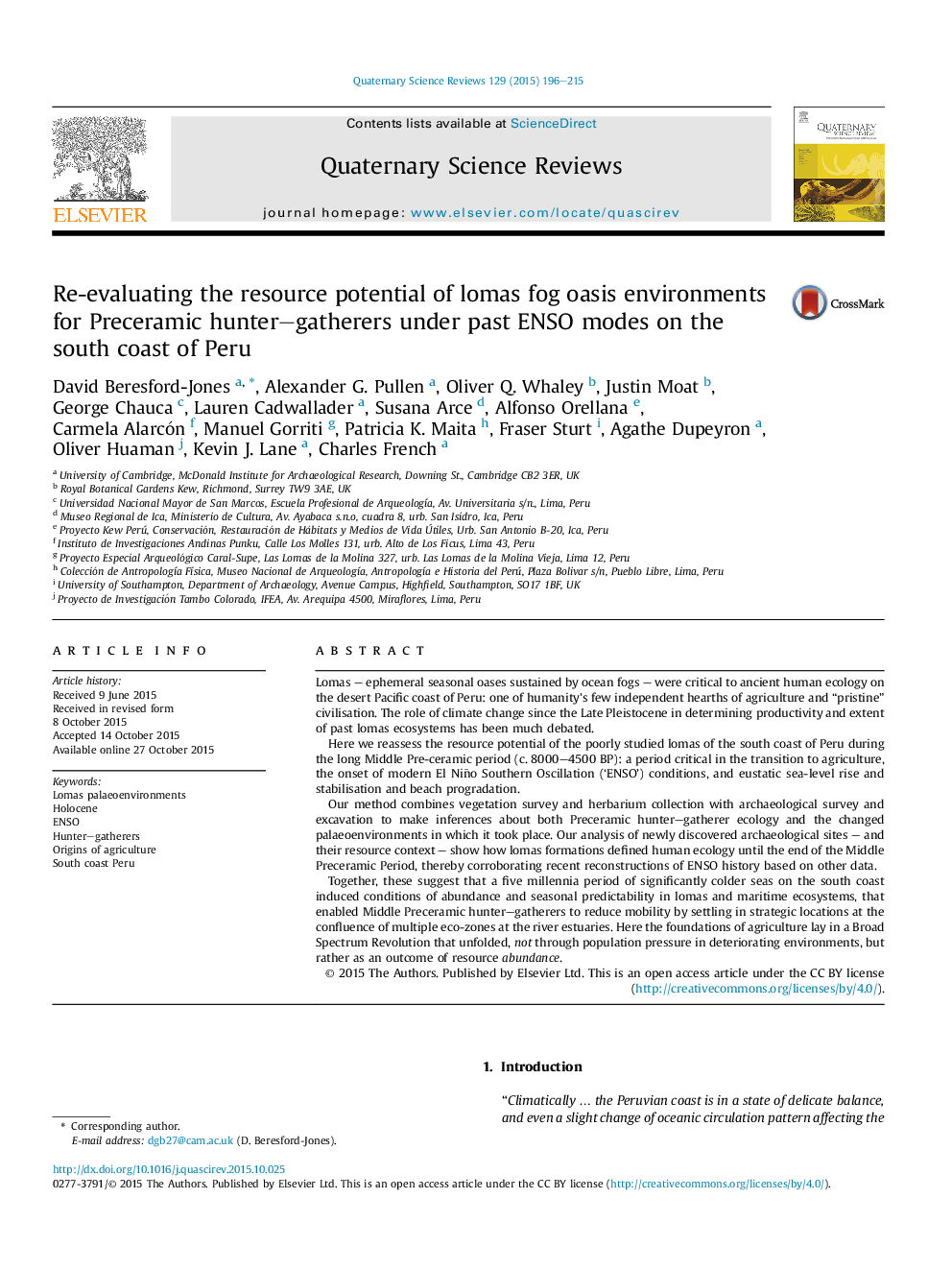 Re-evaluating the resource potential of lomas fog oasis environments for Preceramic hunter-gatherers under past ENSO modes on the south coast of Peru