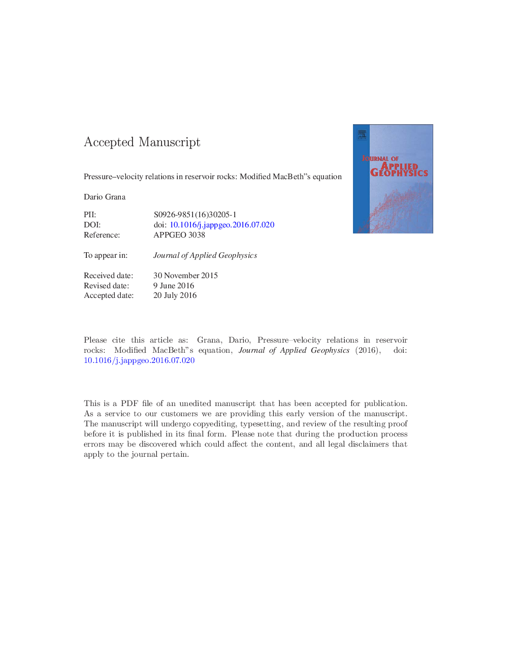 Pressure-velocity relations in reservoir rocks: Modified MacBeth's equation