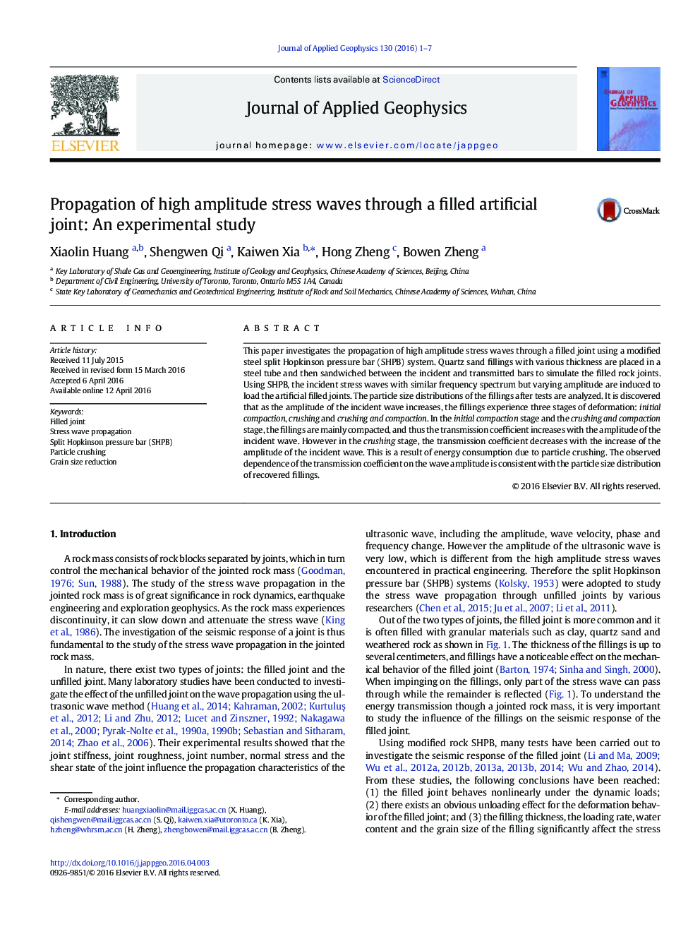 Propagation of high amplitude stress waves through a filled artificial joint: An experimental study