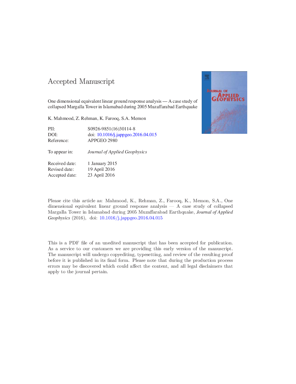 One dimensional equivalent linear ground response analysis - A case study of collapsed Margalla Tower in Islamabad during 2005 Muzaffarabad Earthquake