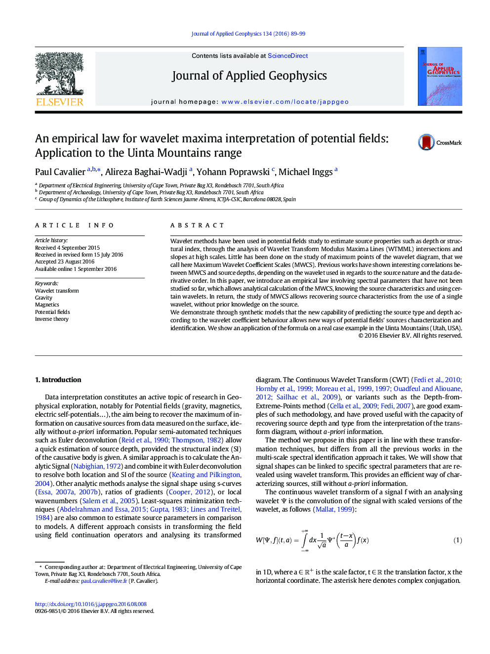 An empirical law for wavelet maxima interpretation of potential fields: Application to the Uinta Mountains range