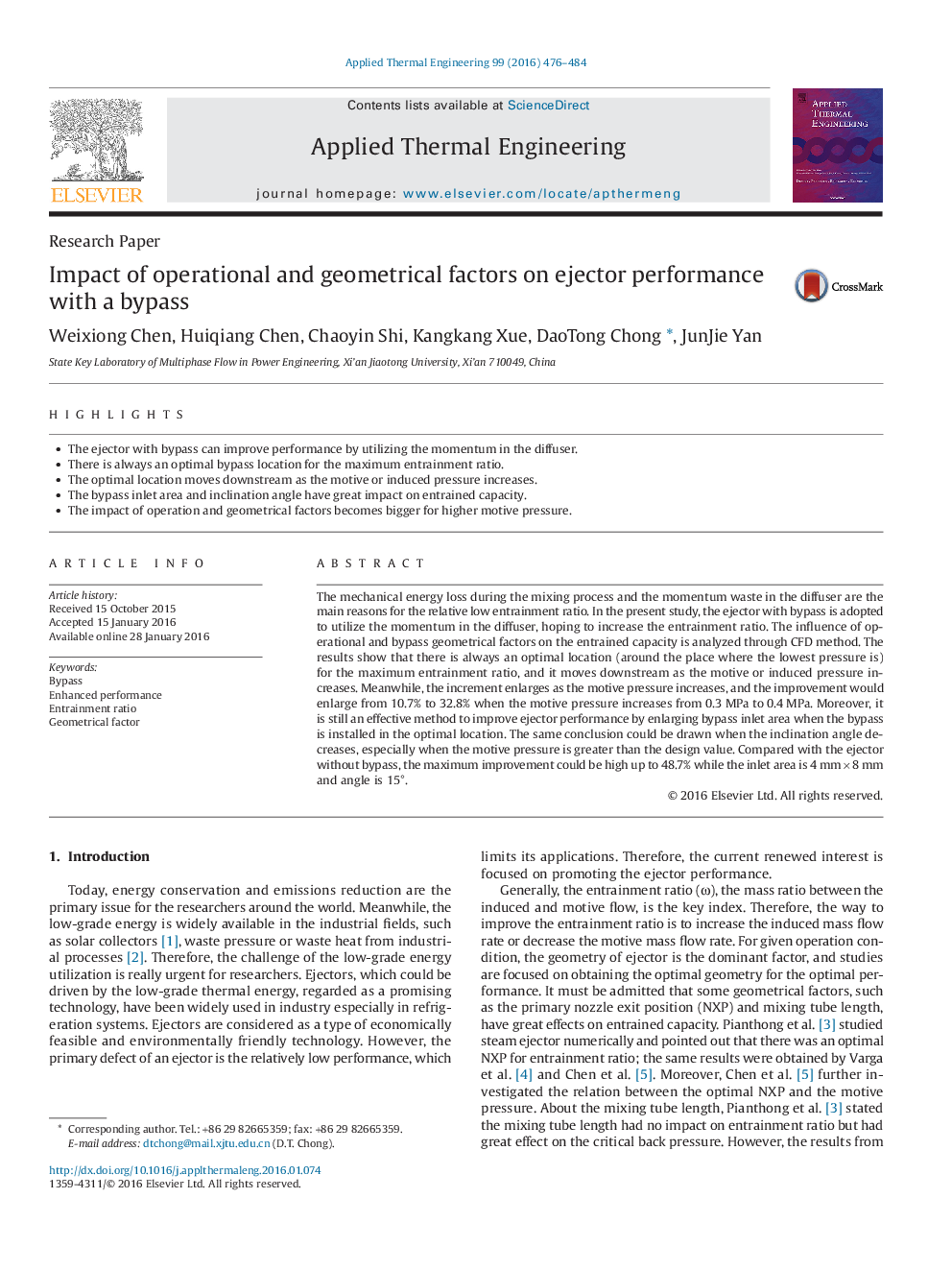 Impact of operational and geometrical factors on ejector performance with a bypass