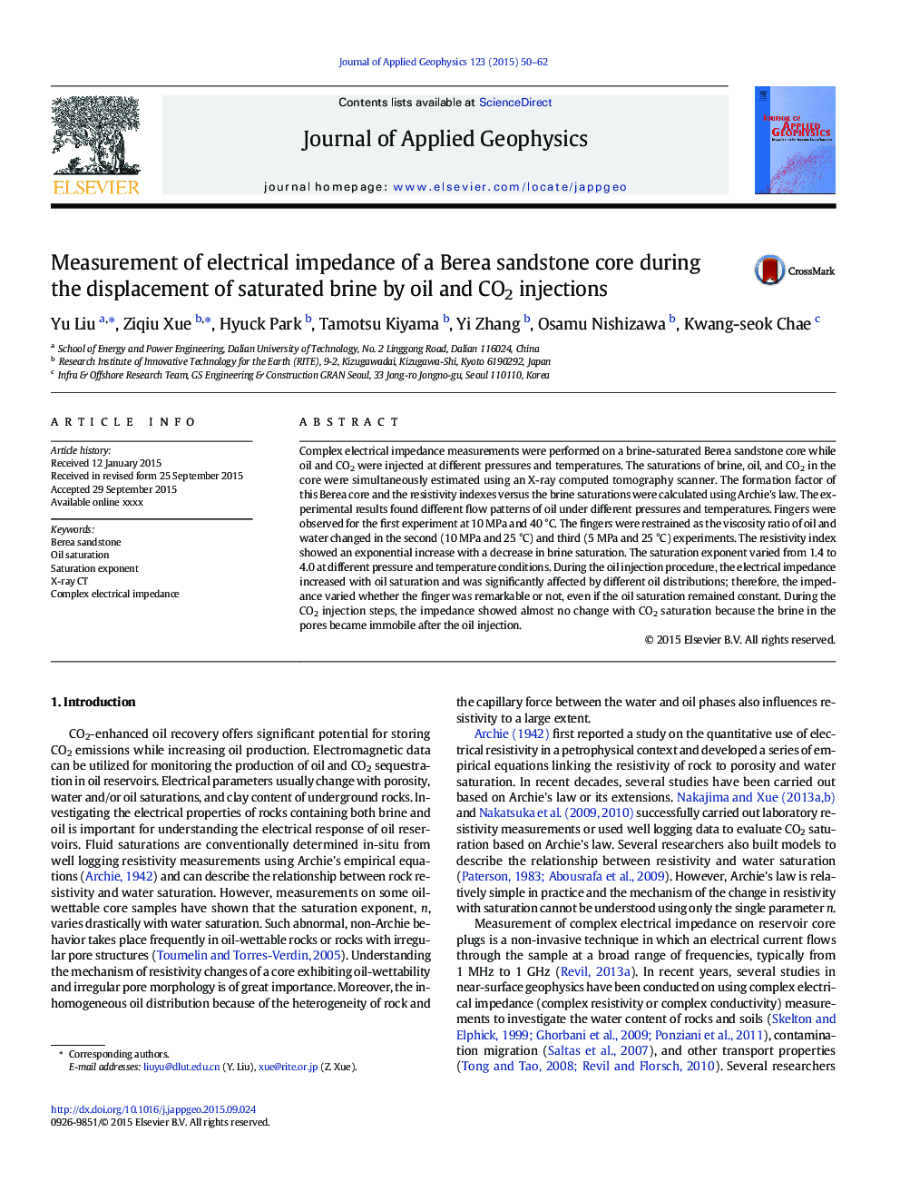 Measurement of electrical impedance of a Berea sandstone core during the displacement of saturated brine by oil and CO2 injections