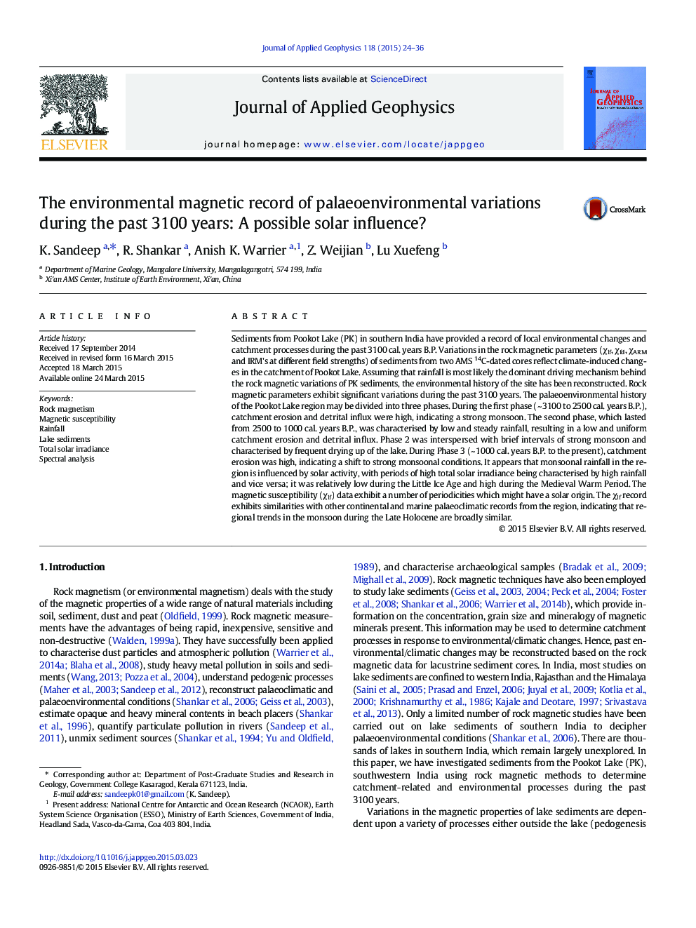 The environmental magnetic record of palaeoenvironmental variations during the past 3100Â years: A possible solar influence?