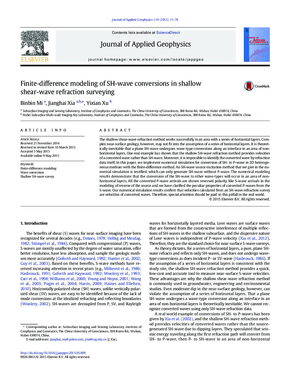 Finite-difference modeling of SH-wave conversions in shallow shear-wave refraction surveying