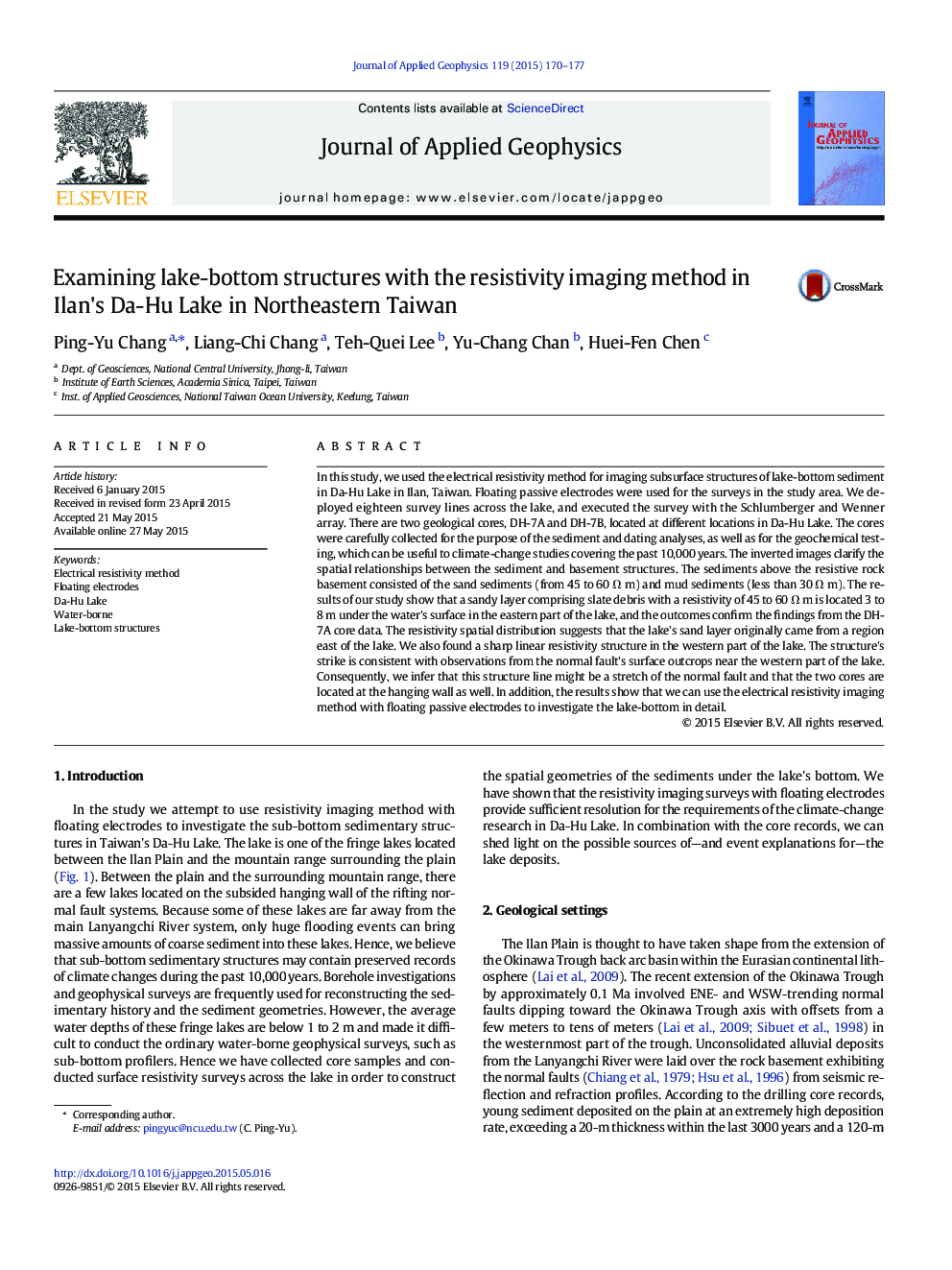 Examining lake-bottom structures with the resistivity imaging method in Ilan's Da-Hu Lake in Northeastern Taiwan