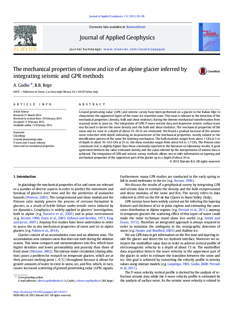 The mechanical properties of snow and ice of an alpine glacier inferred by integrating seismic and GPR methods