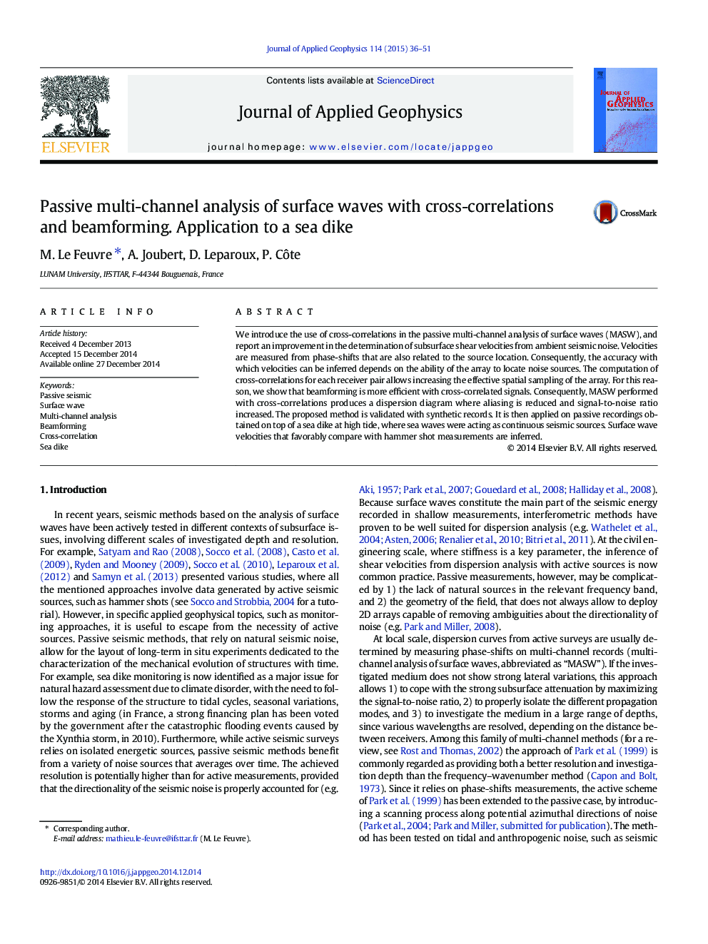 Passive multi-channel analysis of surface waves with cross-correlations and beamforming. Application to a sea dike