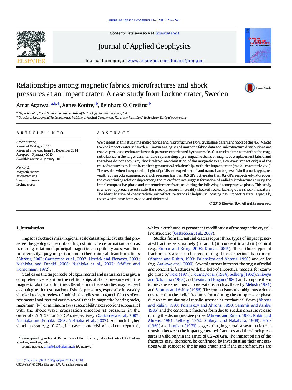 Relationships among magnetic fabrics, microfractures and shock pressures at an impact crater: A case study from Lockne crater, Sweden