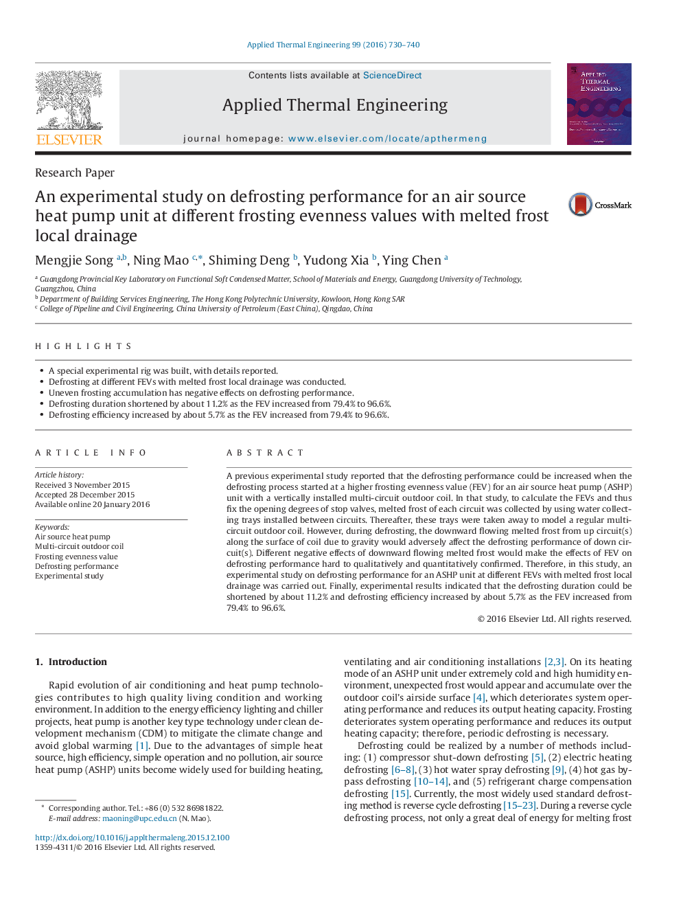 An experimental study on defrosting performance for an air source heat pump unit at different frosting evenness values with melted frost local drainage