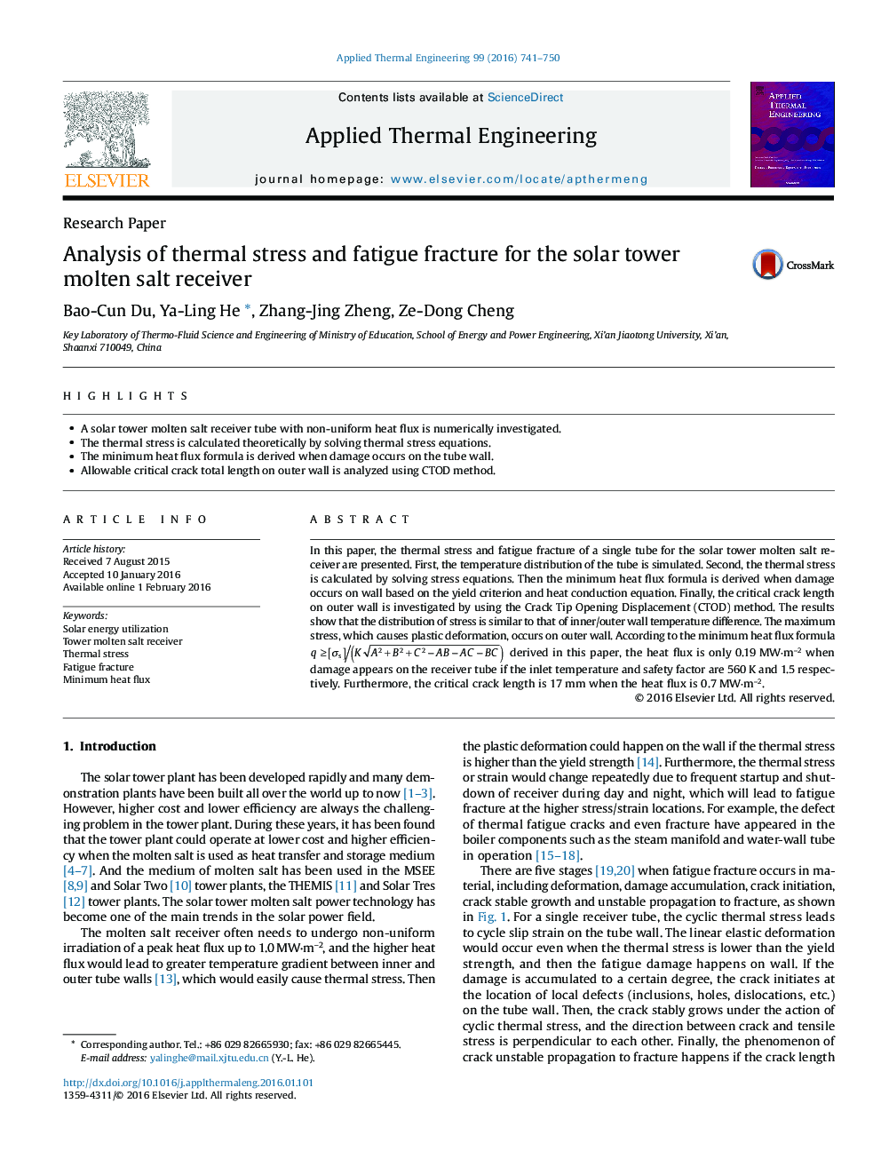 Analysis of thermal stress and fatigue fracture for the solar tower molten salt receiver