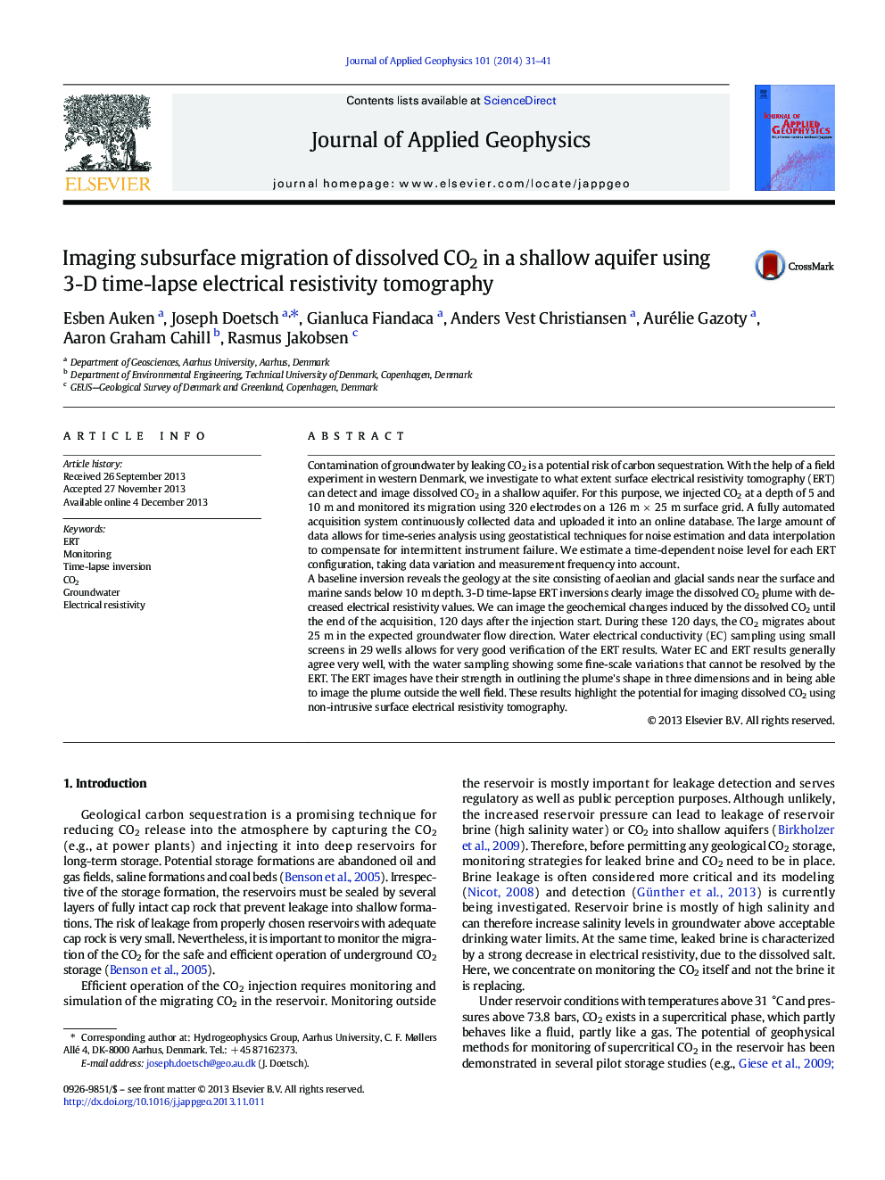 Imaging subsurface migration of dissolved CO2 in a shallow aquifer using 3-D time-lapse electrical resistivity tomography