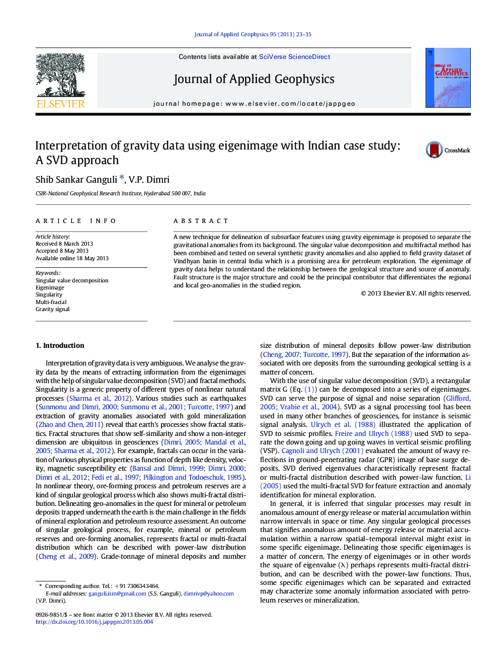 Interpretation of gravity data using eigenimage with Indian case study: A SVD approach