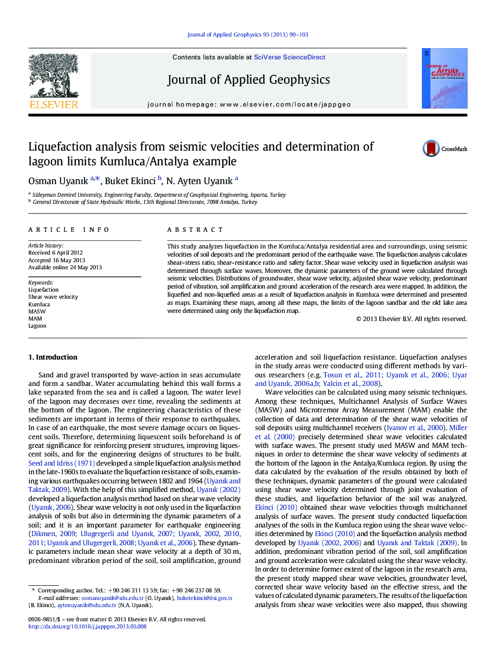 Liquefaction analysis from seismic velocities and determination of lagoon limits Kumluca/Antalya example