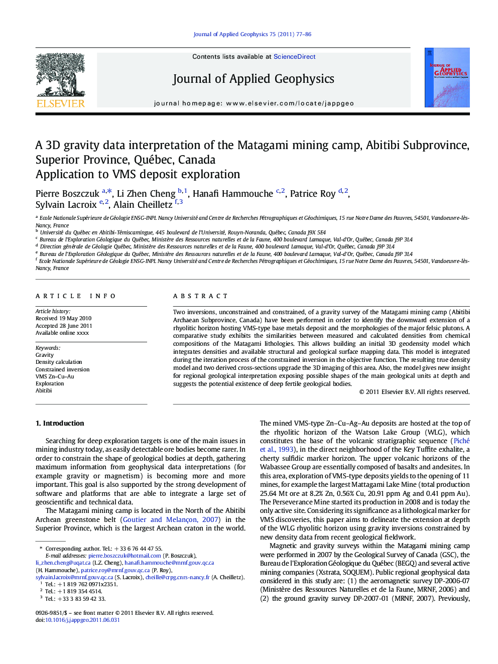 A 3D gravity data interpretation of the Matagami mining camp, Abitibi Subprovince, Superior Province, Québec, Canada