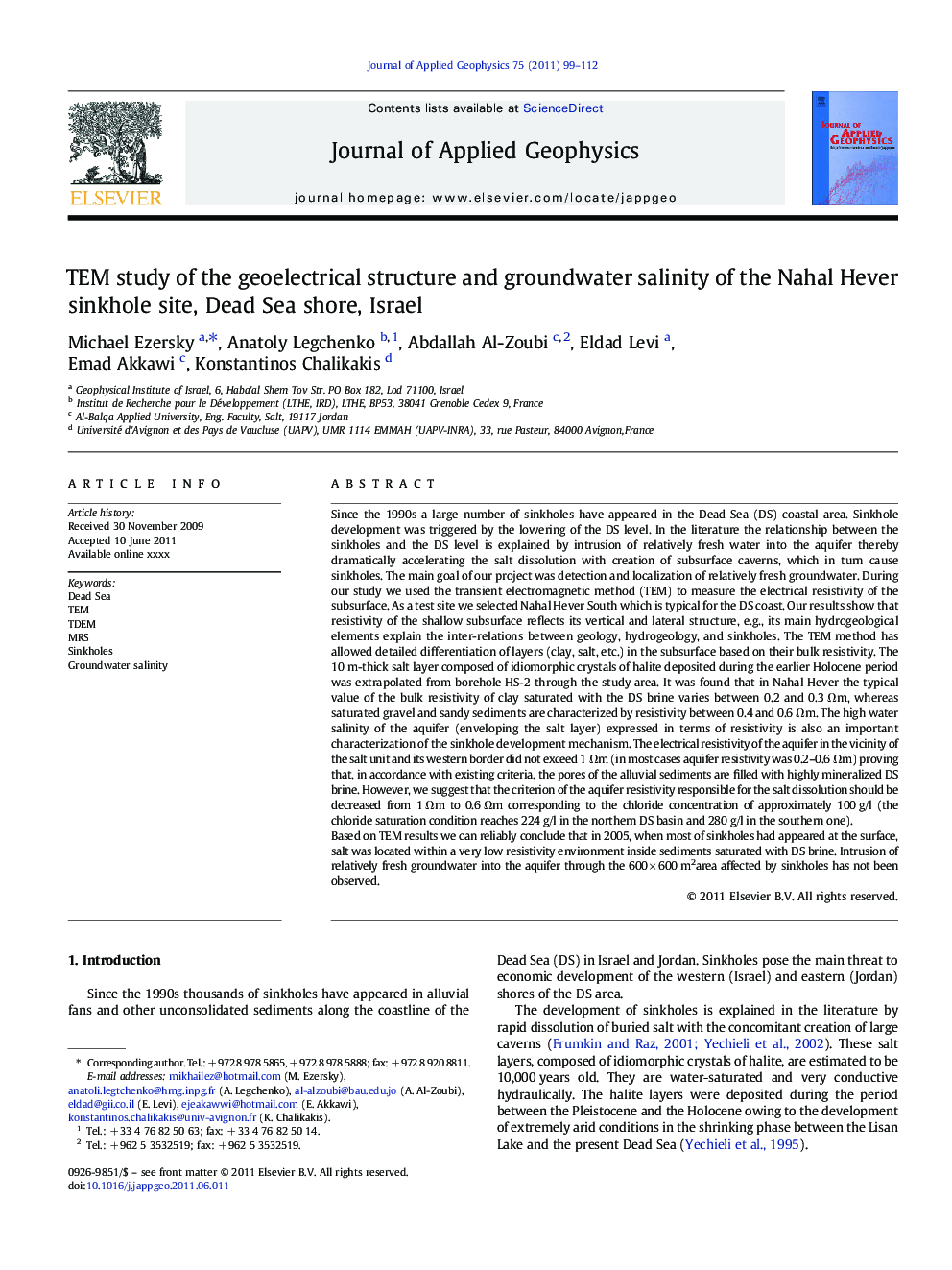 TEM study of the geoelectrical structure and groundwater salinity of the Nahal Hever sinkhole site, Dead Sea shore, Israel