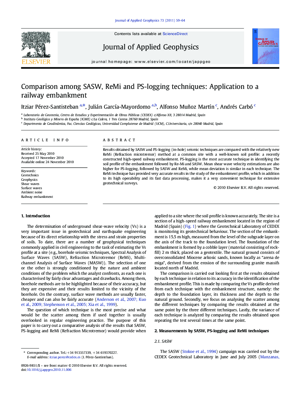 Comparison among SASW, ReMi and PS-logging techniques: Application to a railway embankment