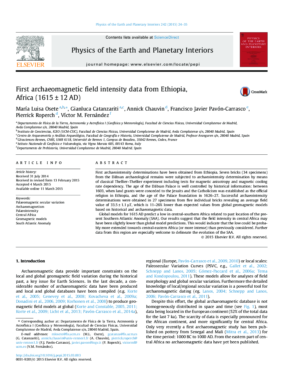 First archaeomagnetic field intensity data from Ethiopia, Africa (1615Â Â±Â 12Â AD)